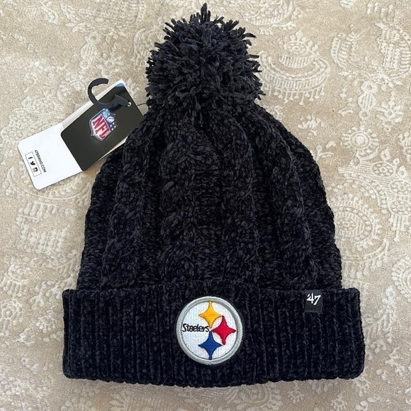 Brand New 47 Brand NFL Steelers Football Black Chenille Knit Cuffed Pom Hat main image 4